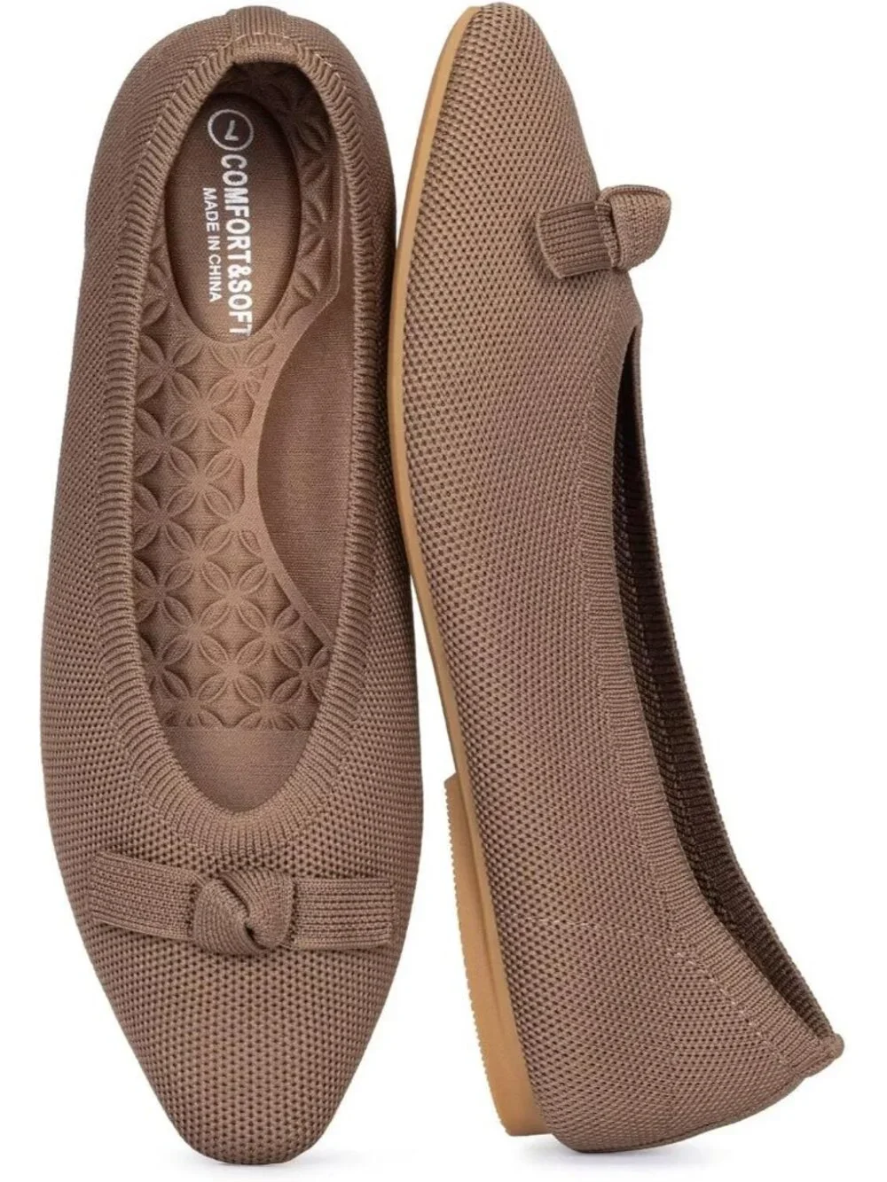 Frank Mully Women's Brown Solid Rubber Knit Squared Toe Bow Slip On Ballet Flats